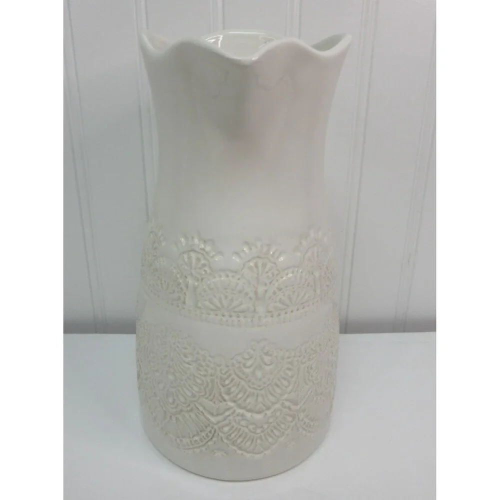 Pioneer Woman Vintage Lace Linen 9 inch White Ceramic Pitcher New